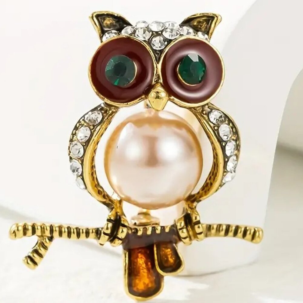 Owl Brooch Pearl Enamel Rhinestone Pin Bird Gems Trendy Glam Retro Stylish Bold